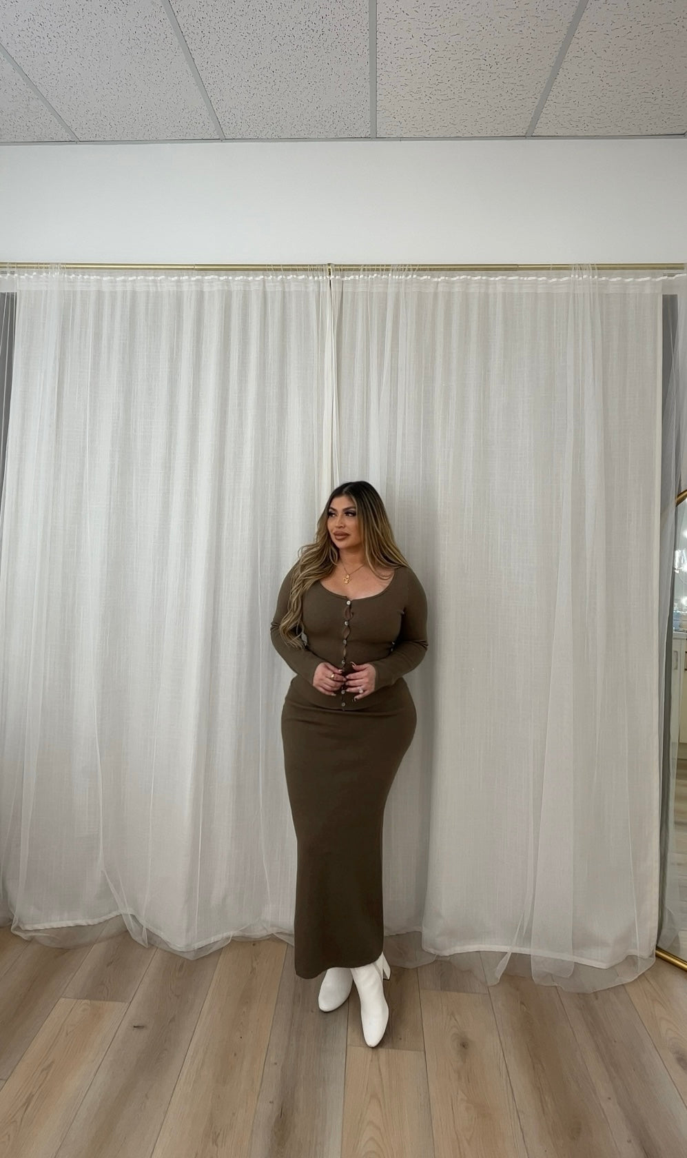 Knit ribbed button and maxi skirt set