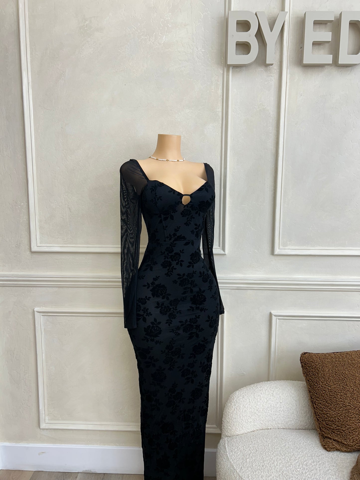 Velvet long sleeve maxi dress with slit