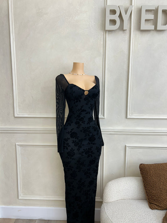 Velvet long sleeve maxi dress with slit