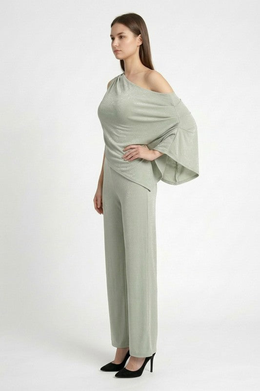 Sage one shoulder caped 2pc pant set