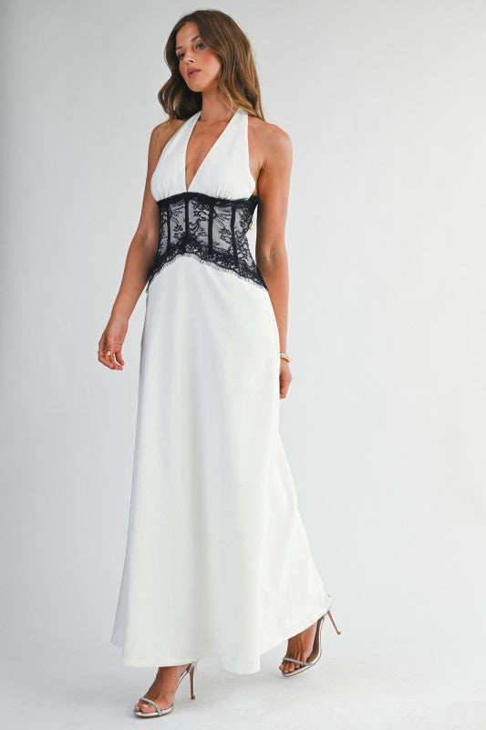 White halter neck maxi dress with lace corset