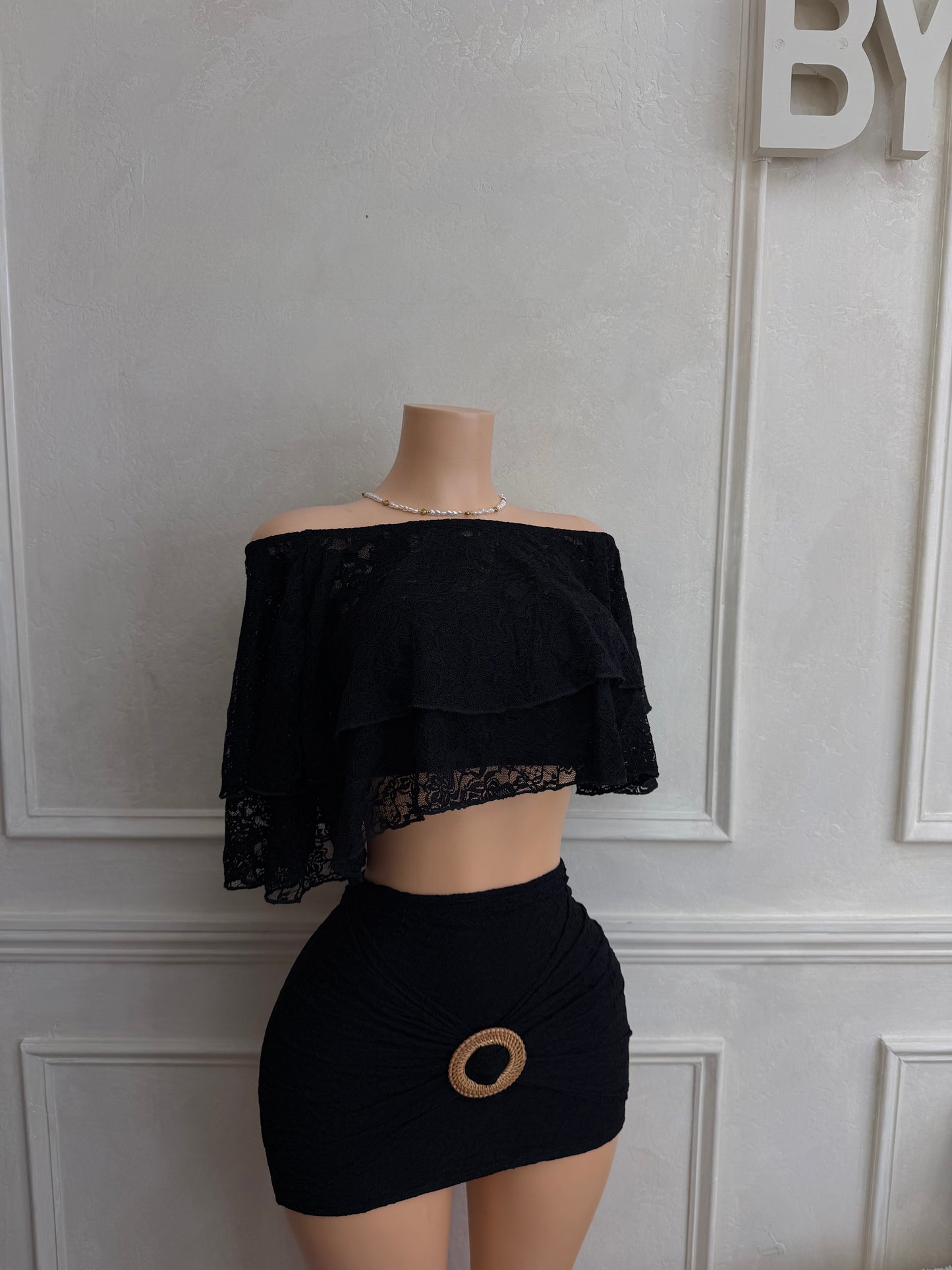 Black 2pc skirt set off shoulder top