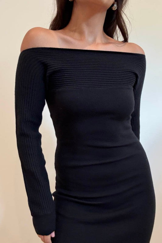 Black off shoulder knit maxi dress