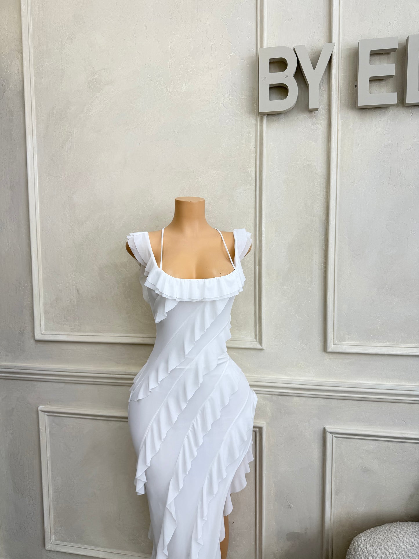 White mesh asymmetrical ruffle lace up gown