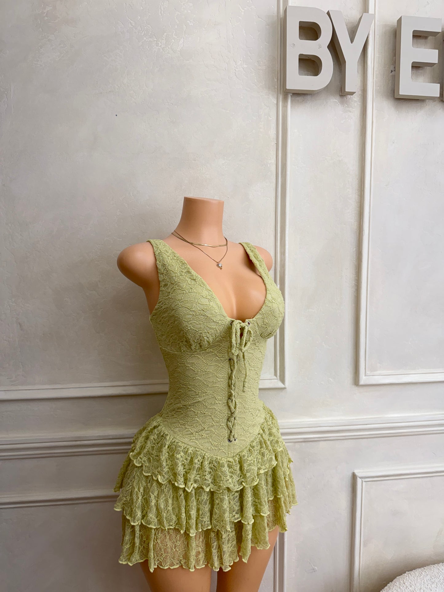 Sage lace dress with under shorts
