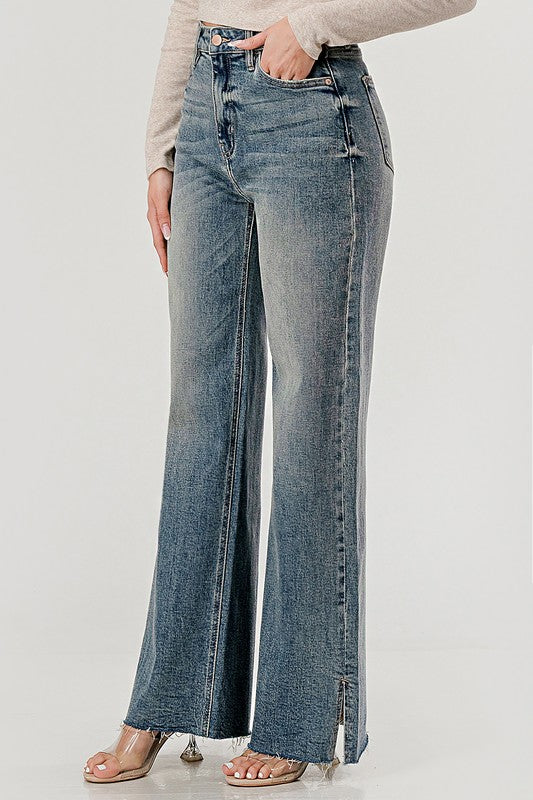 High rise crinkle wash stretchy skater jeans