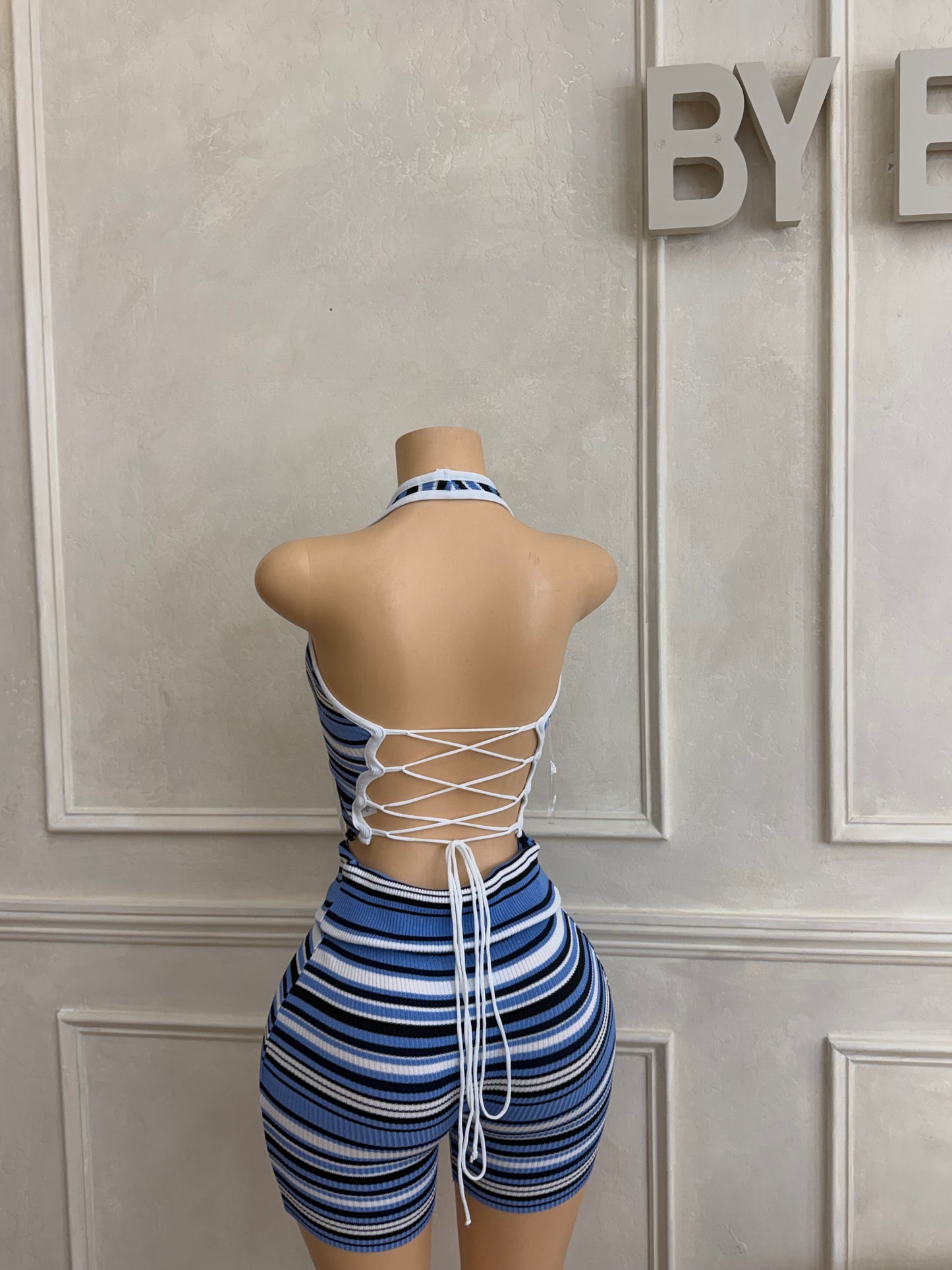 Blue strip halter shorts set