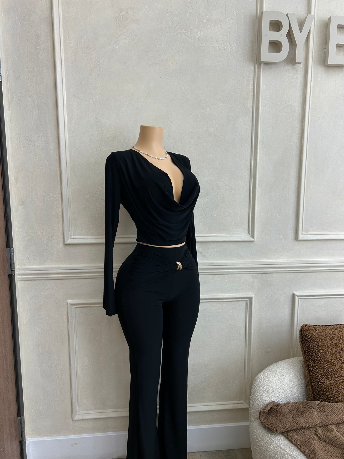 Black 2pc cowl neck pant set