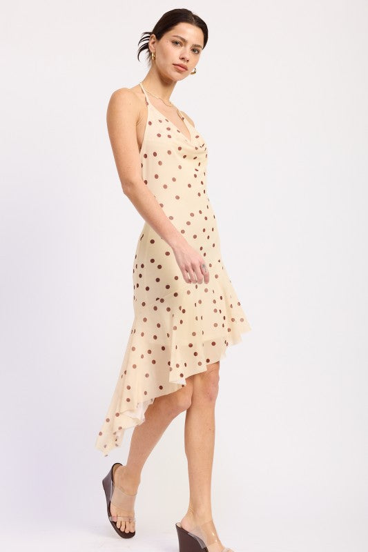 Butter yellow brown polka dot cowl neck dress