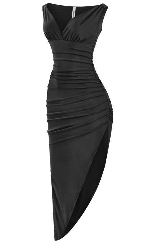 Black sleeveless asymmetrical maxi dress
