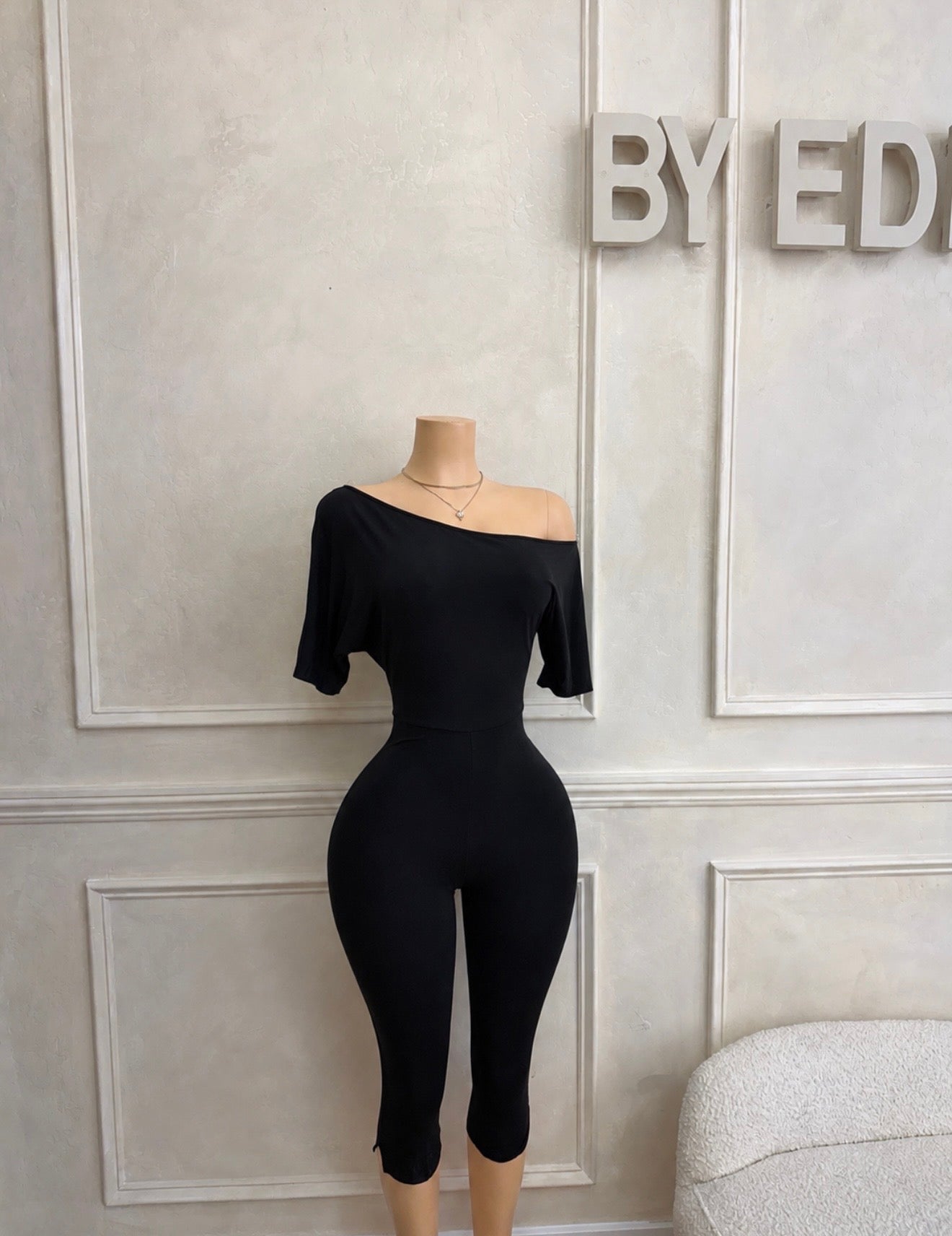 Black capri off shoulder jumpsuit