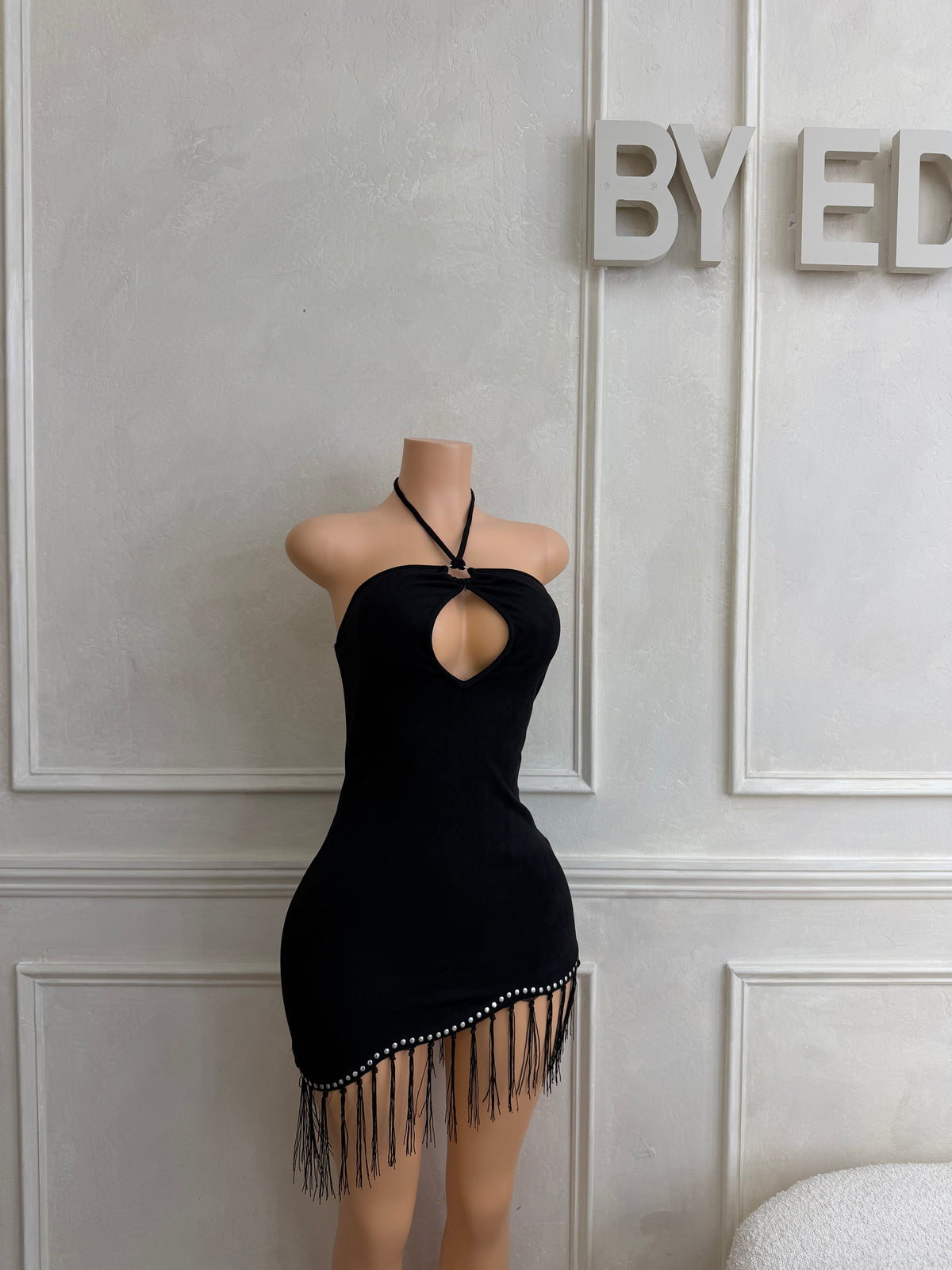 Fringe halter dress black