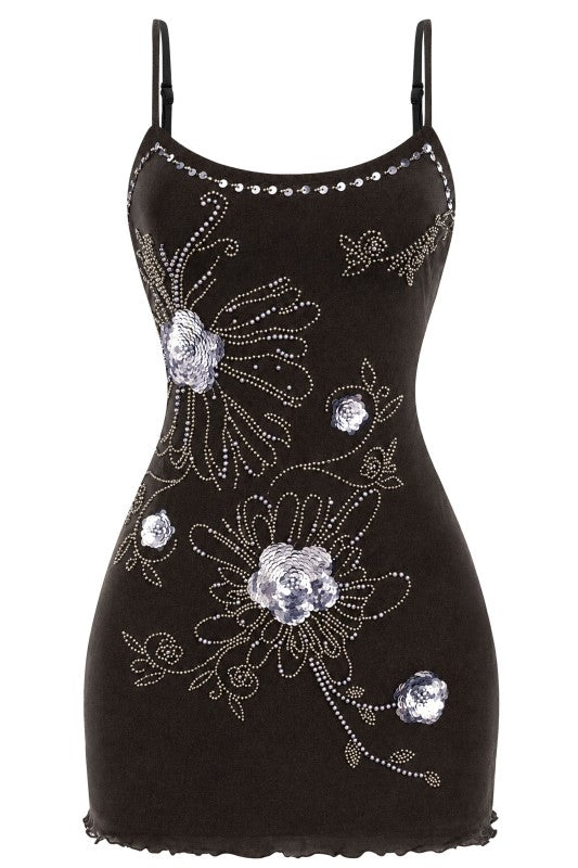 Beaded mesh black mini dress
