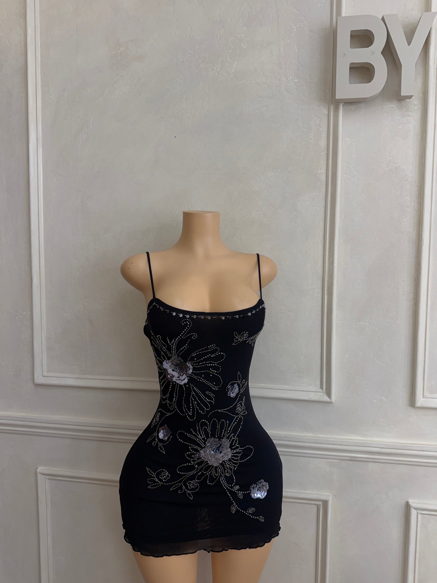 Beaded mesh black mini dress