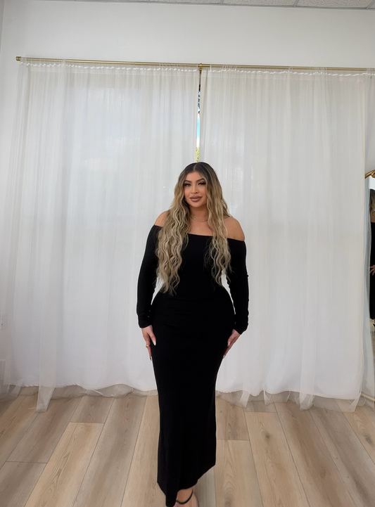 Black off shoulder knit maxi dress