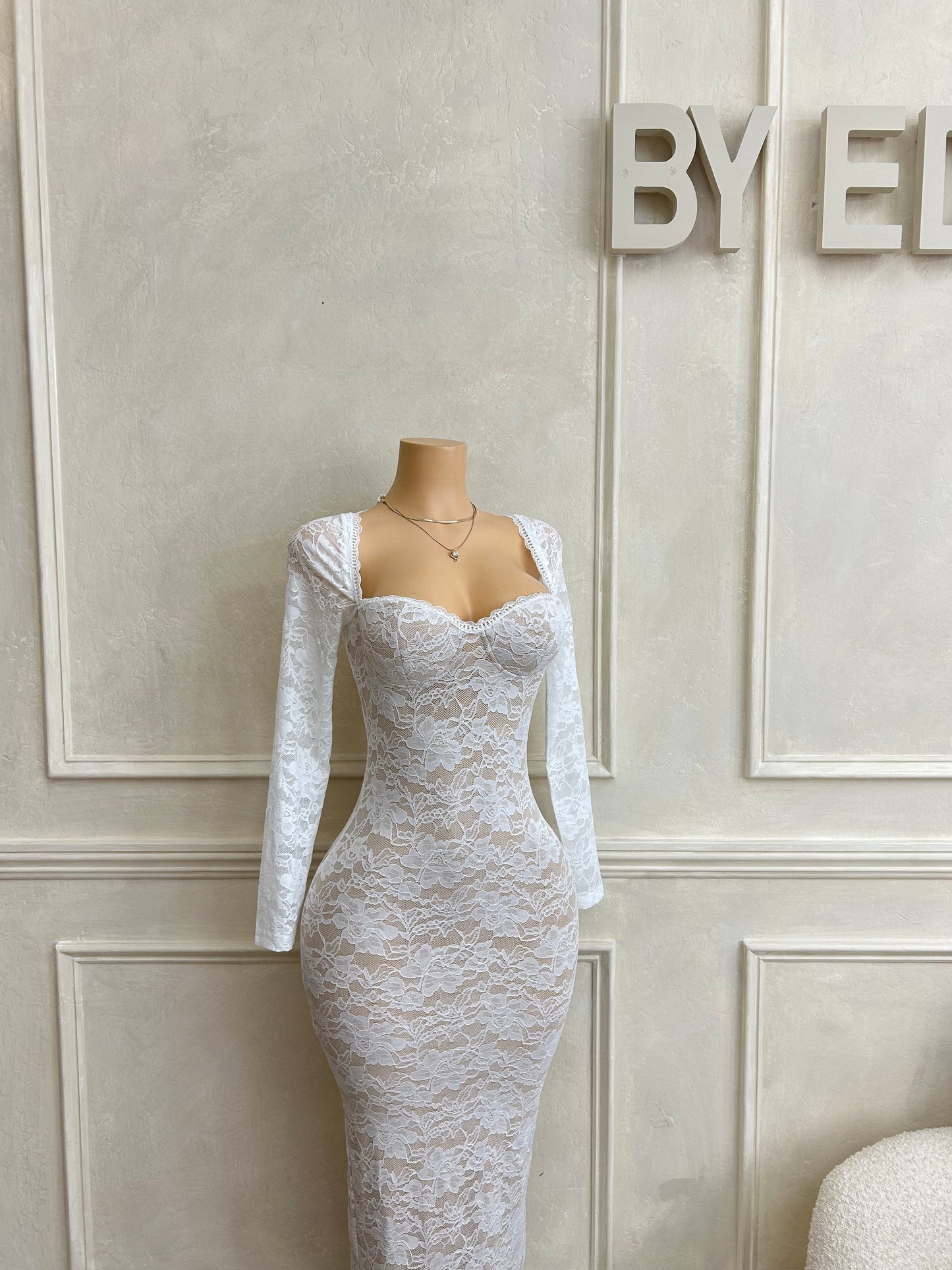 White nude lace maxi dress