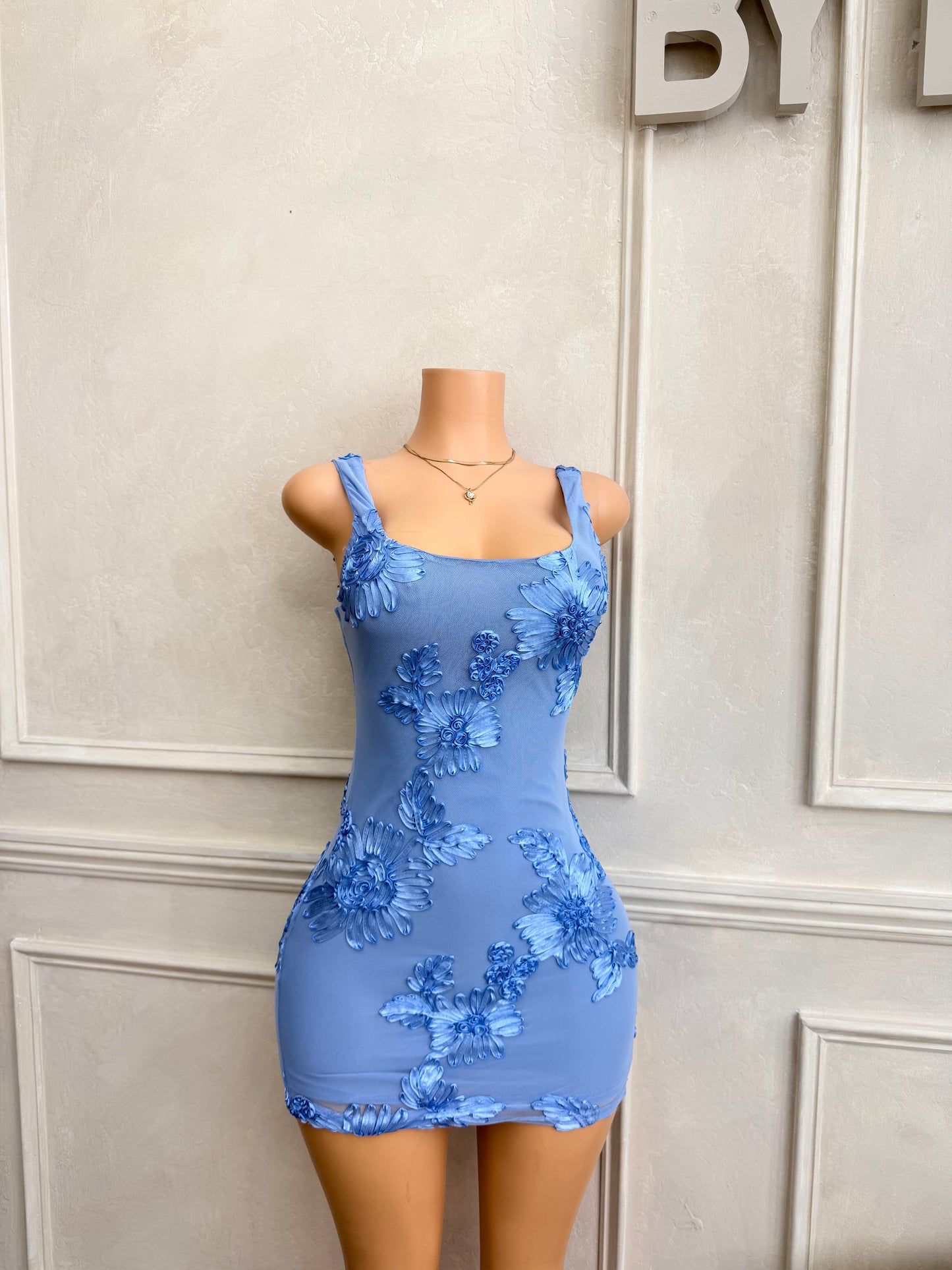 Blue square neck macrame mesh dress