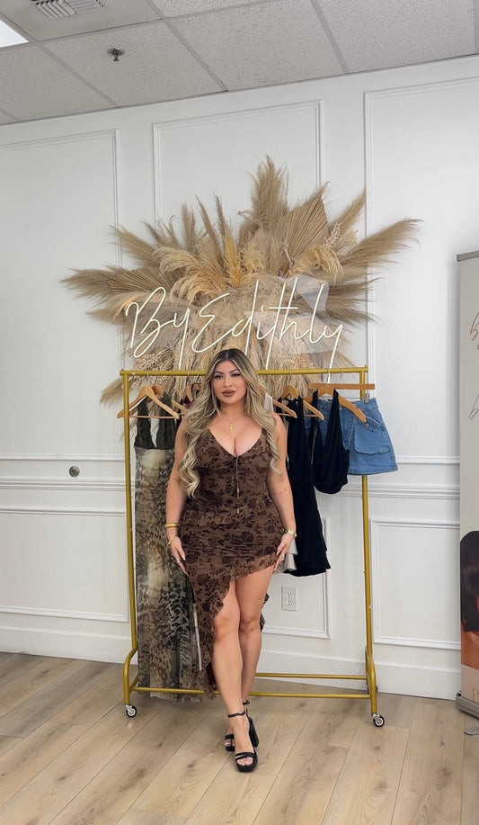 Brown ruffle slit front maxi dress