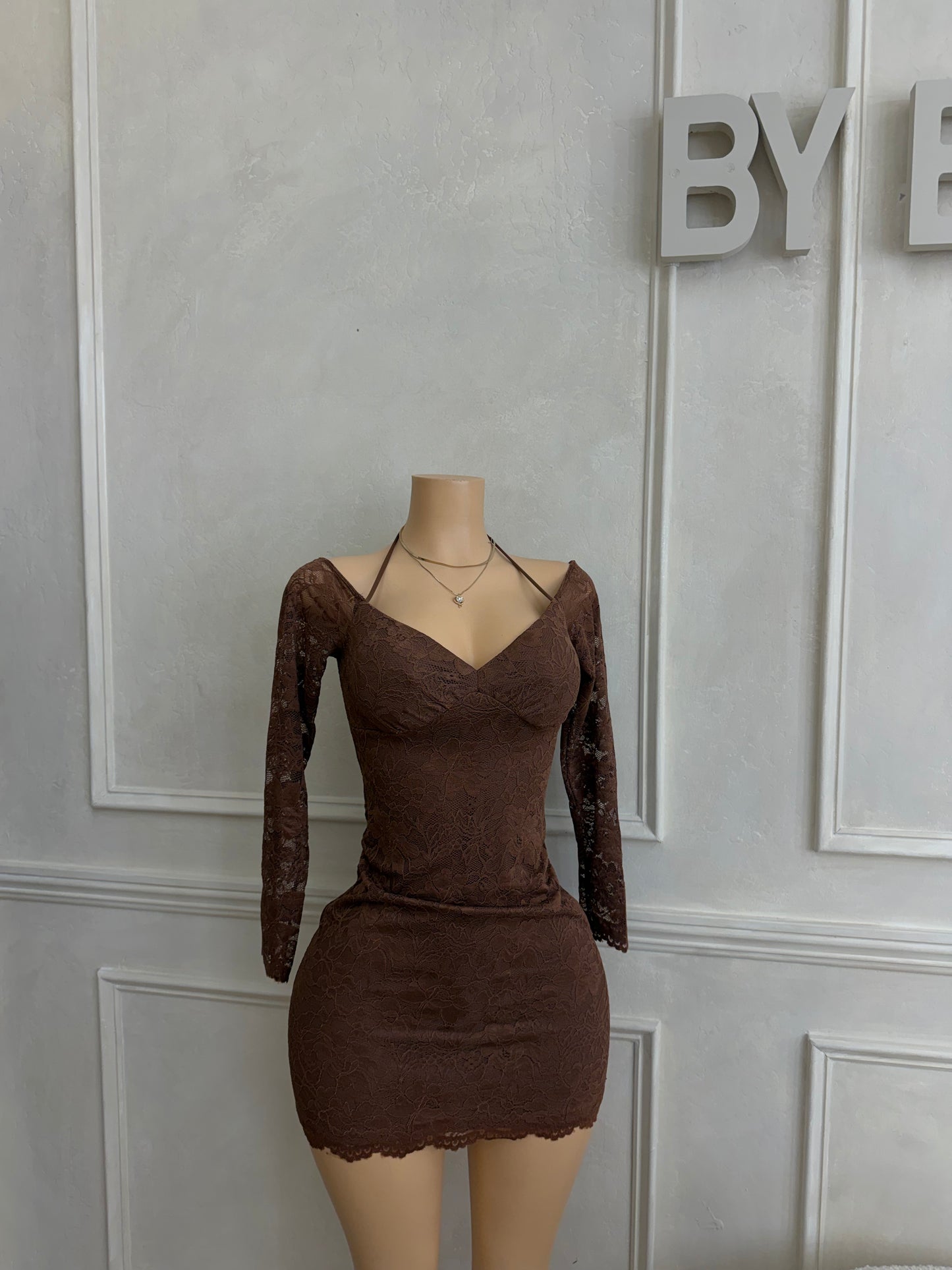 Brown halter lace mini dress