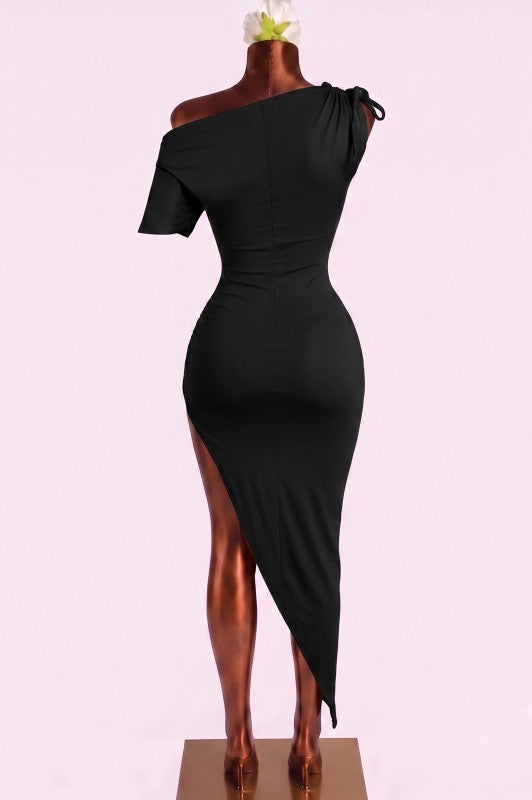 Black one side off shoulder asymmetrical dress