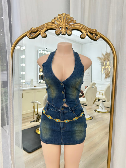 Denim set vest and skort