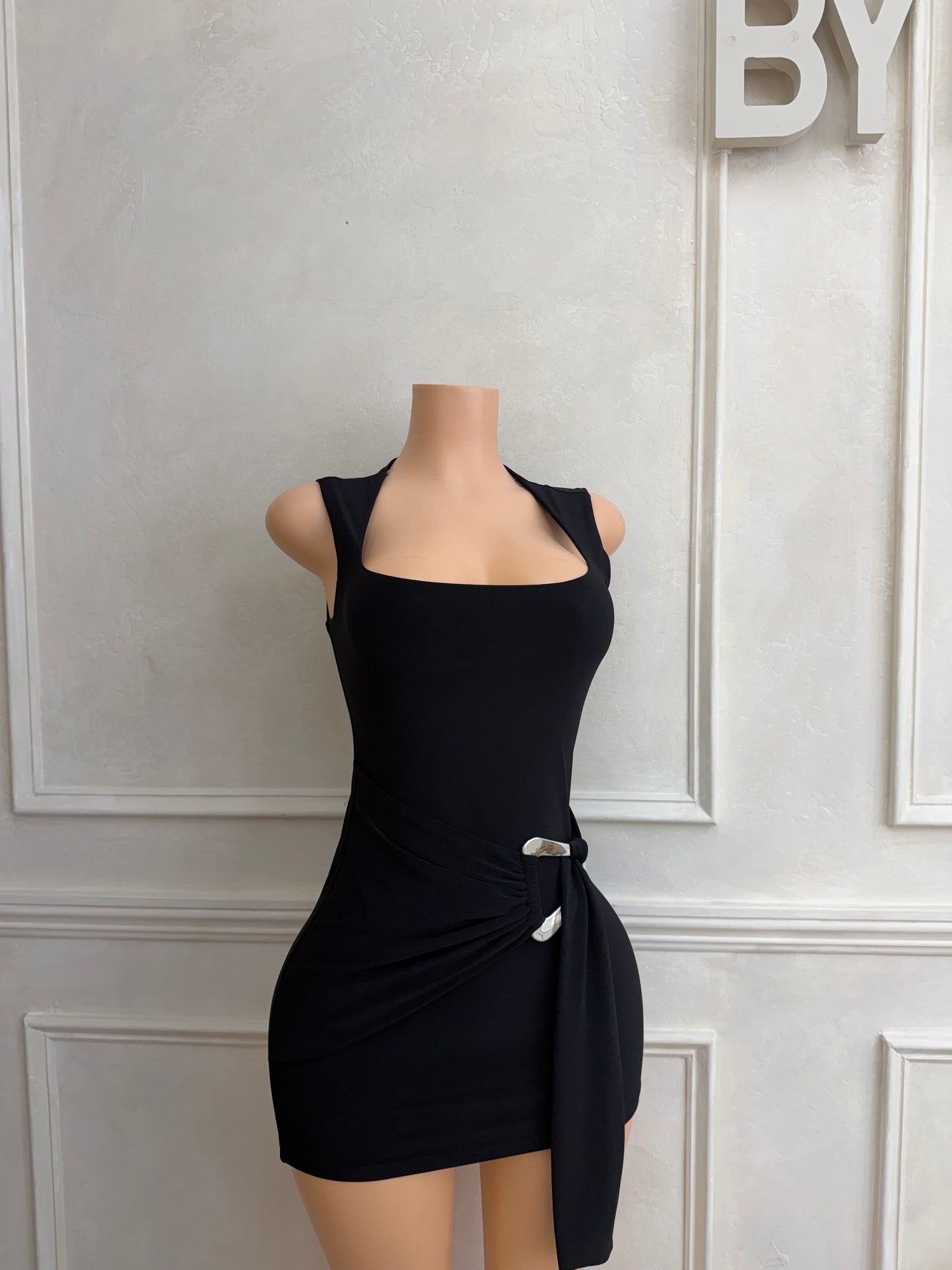 Black sleeveless drape trim dress