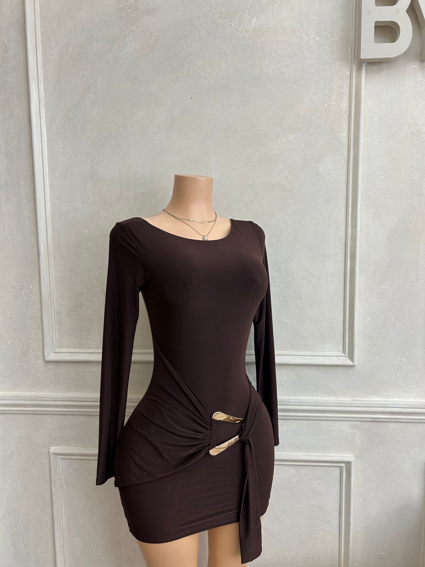 Brown long sleeve drape trim dress