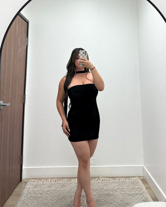 Black tube mini dress with scarf
