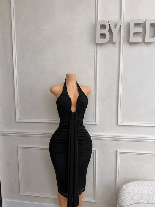 Black halter midi dress