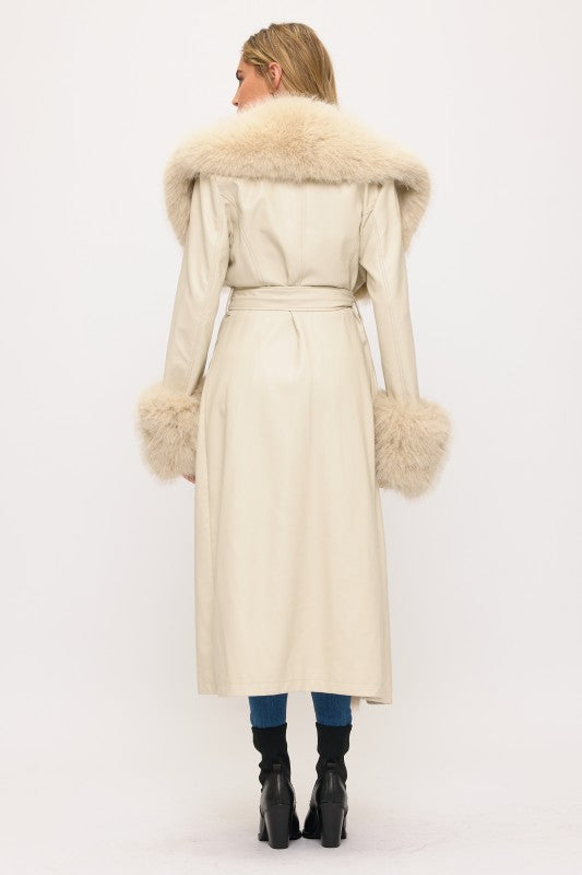 Cream long faux leather fur trim coat