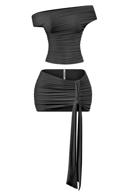 Short sleeve mini skirt set  with drape tie