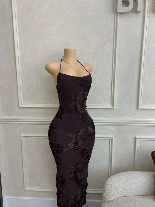 Plum floral jacquard low back maxi dress