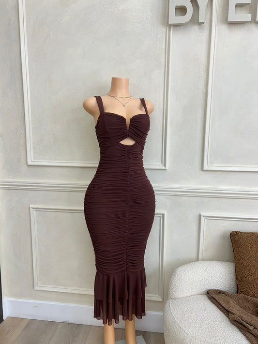Brown mesh mermaid maxi dress