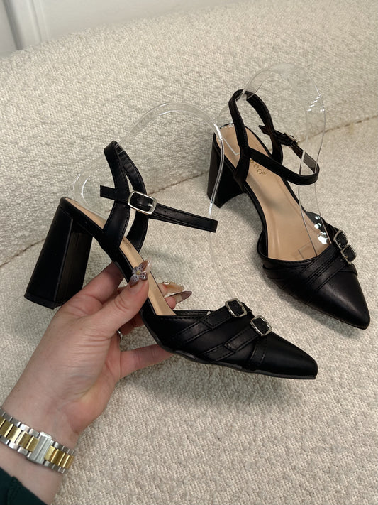 Black ankle strap block heels