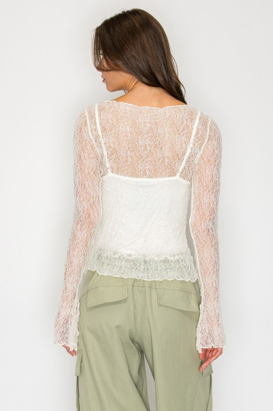 Lace sheer long sleeve button top