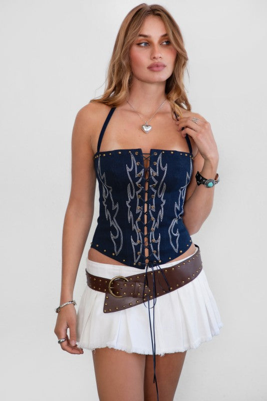 RAELY Stretch Denim Embroidered Western Corset Top