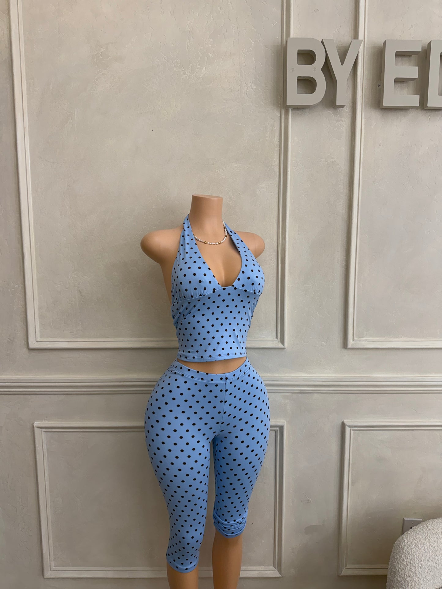 Blue polka dot capri set