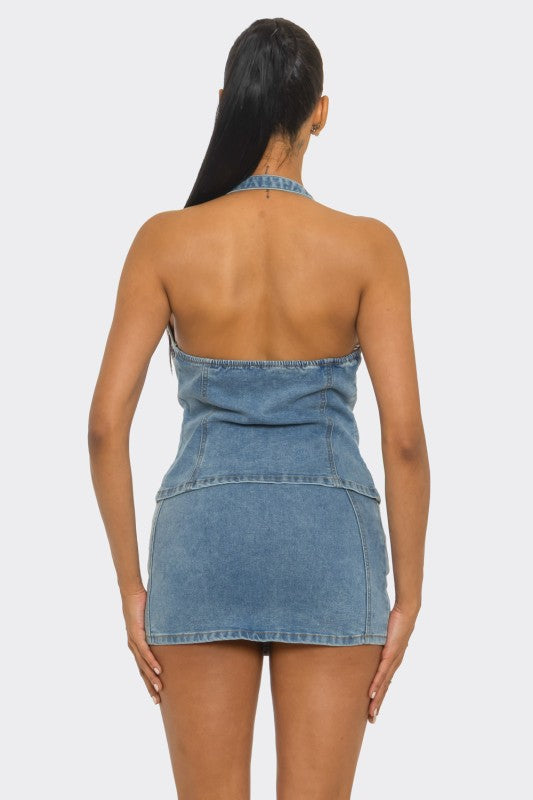 Jean halter neck top and mini skirt