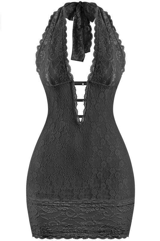 Black halter plunge lace dress