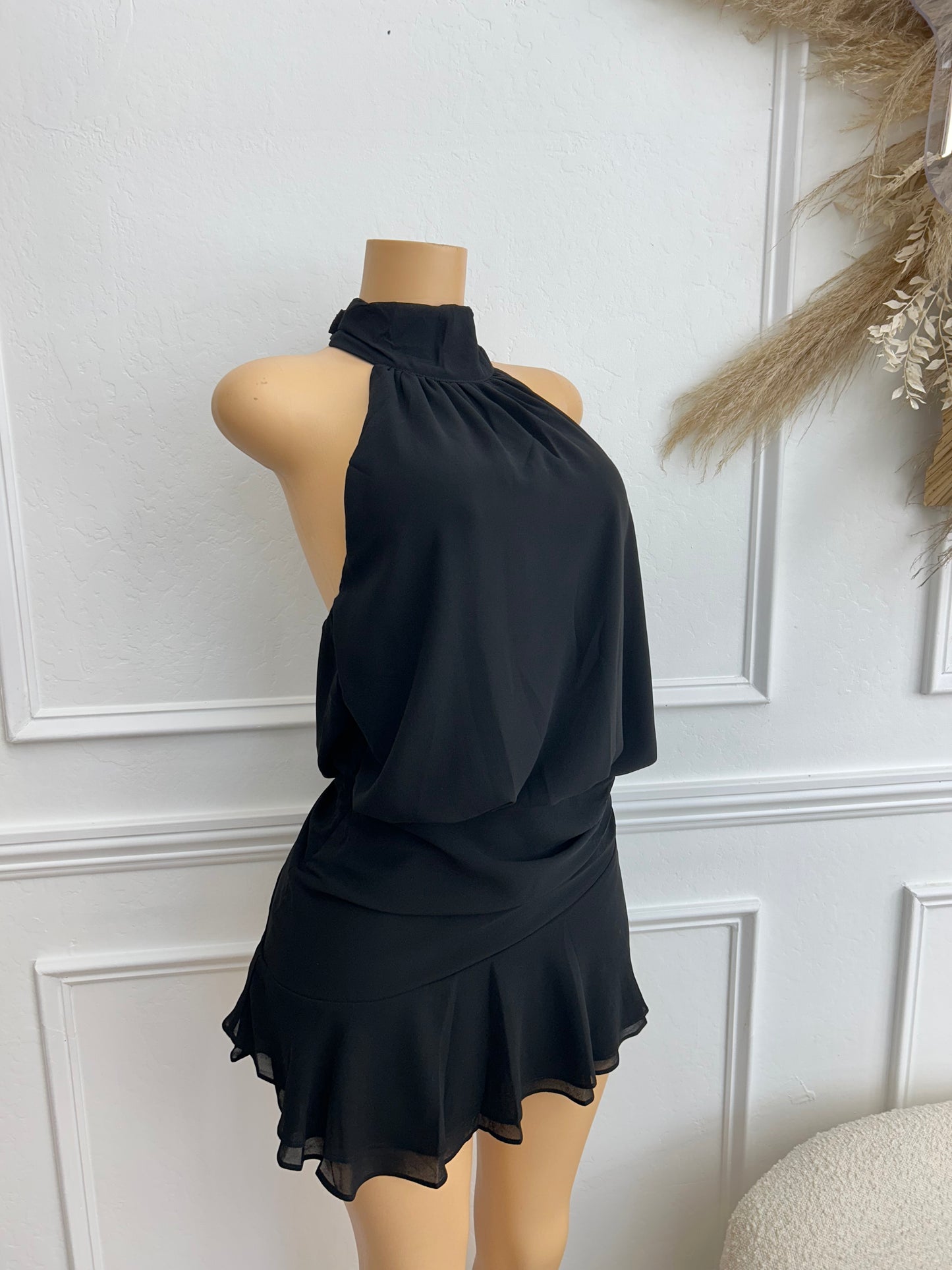 Black halter ruched dress