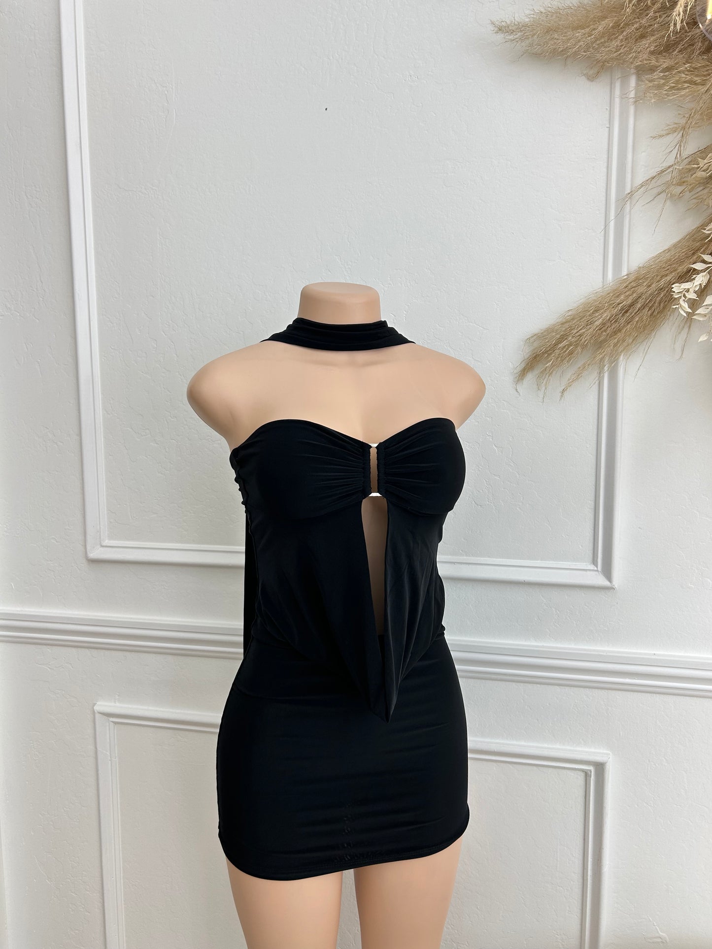 Black staples neck tie mini dress
