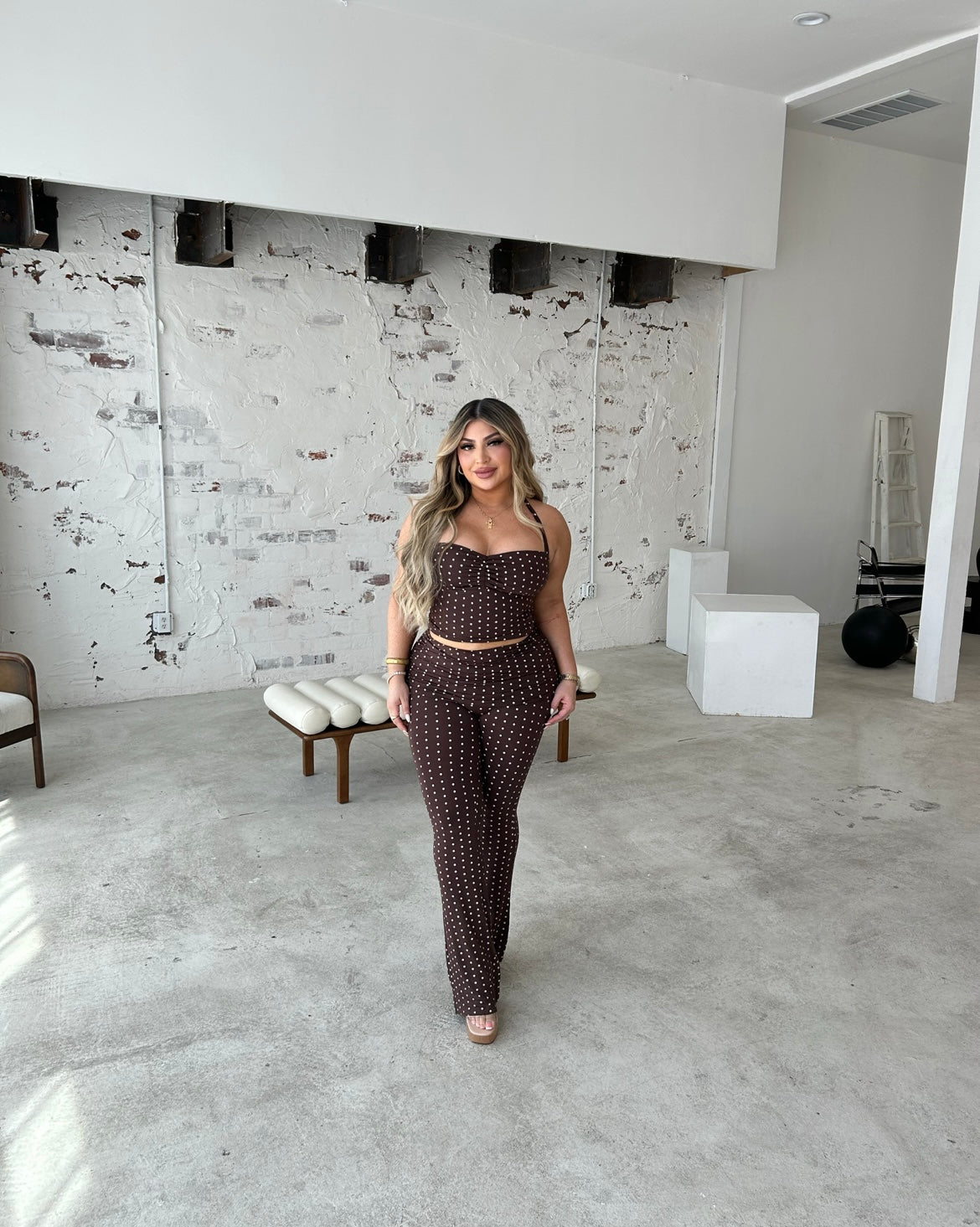 Brown polka dot halter top and pant set