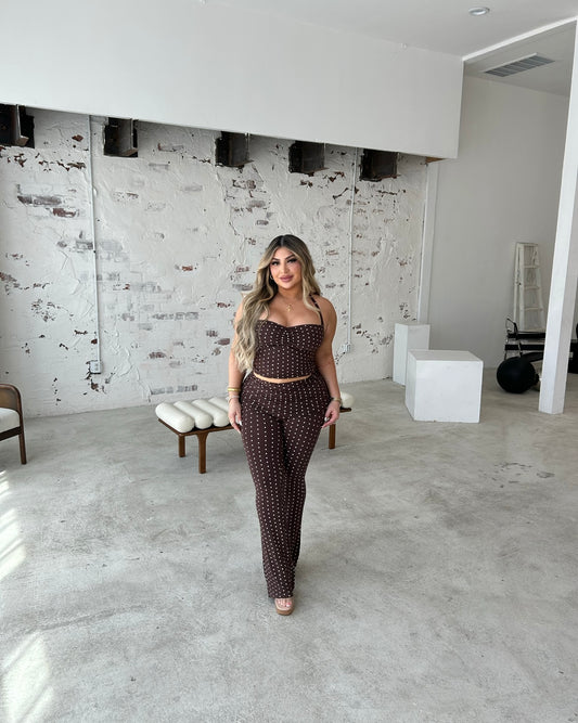 Brown polka dot halter top and pant set