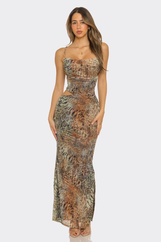 Animal print maxi dress side cut out