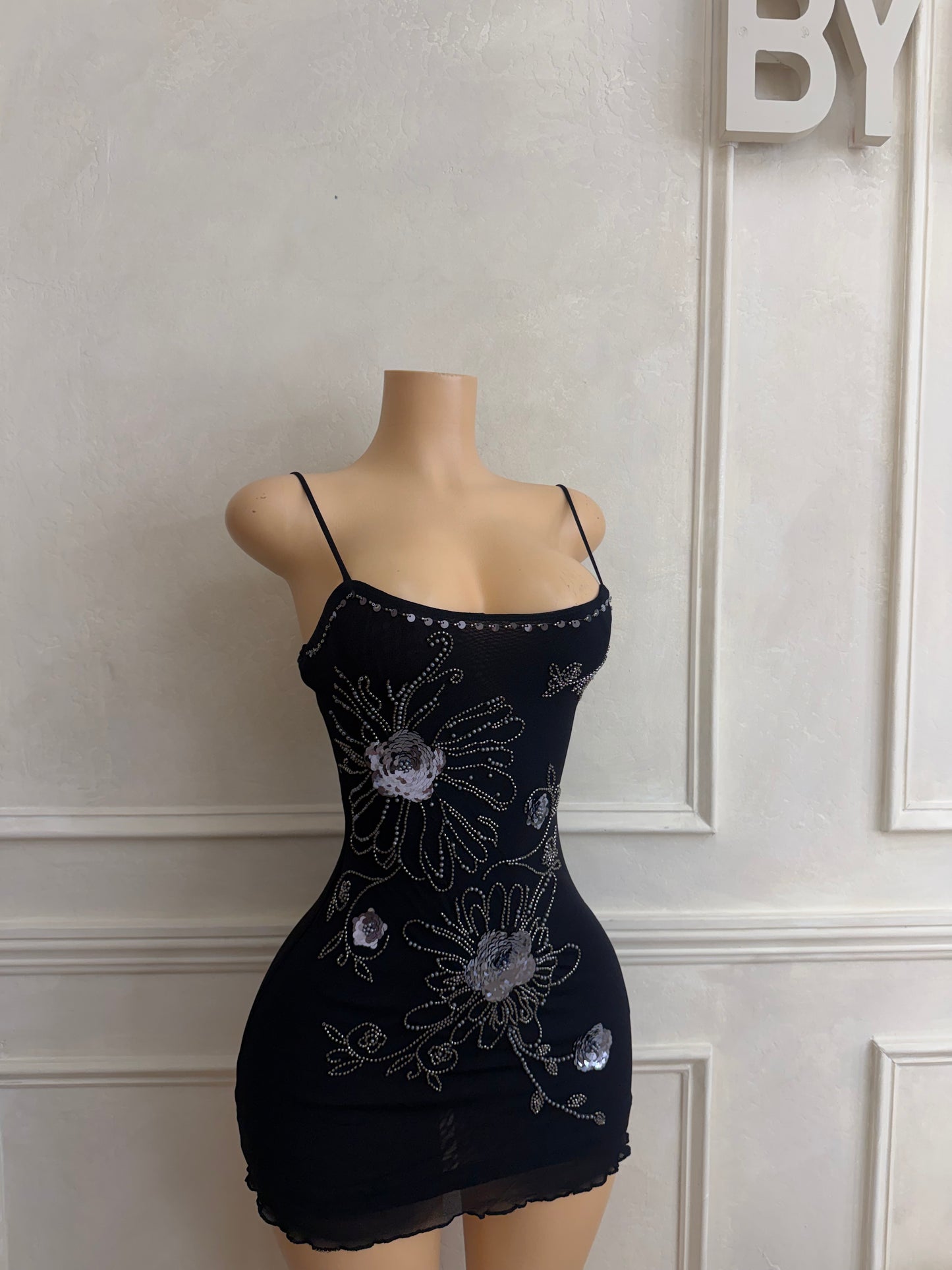 Beaded mesh black mini dress