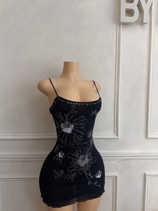Beaded mesh black mini dress