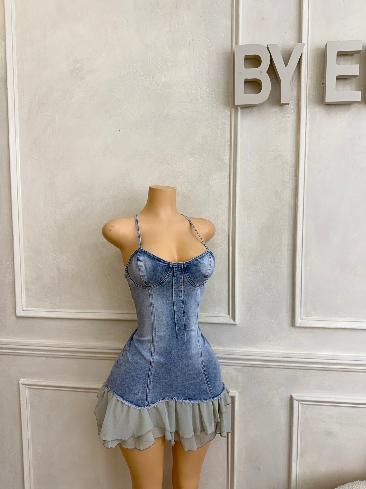 Denim cami dress with woven ruffle