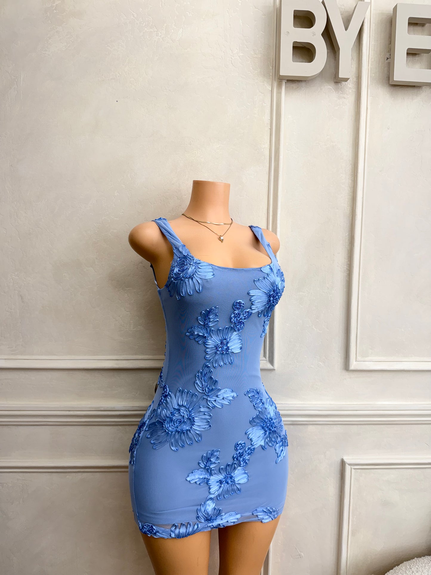 Blue square neck macrame mesh dress