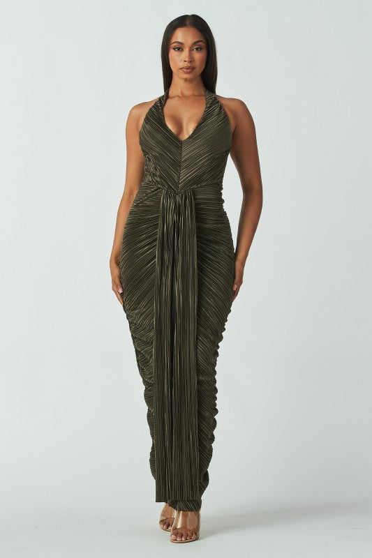 Amethyst glow halter plisse maxi dress
