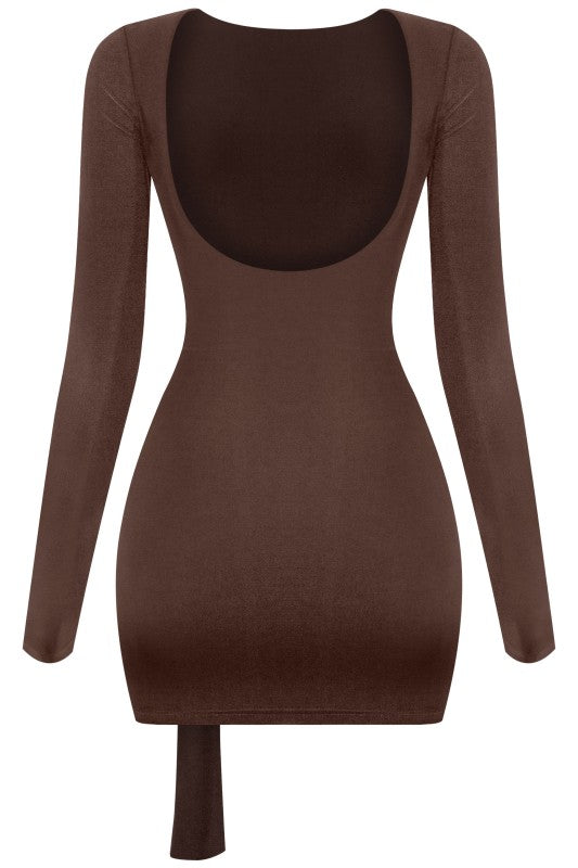 Brown long sleeve drape trim dress